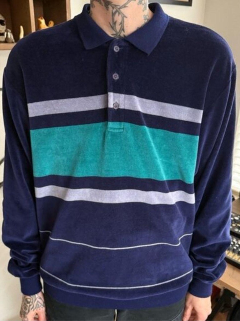 Vintage 80s Velour Navy Blue Striped Long Sleeve Polo ~ Size Medium